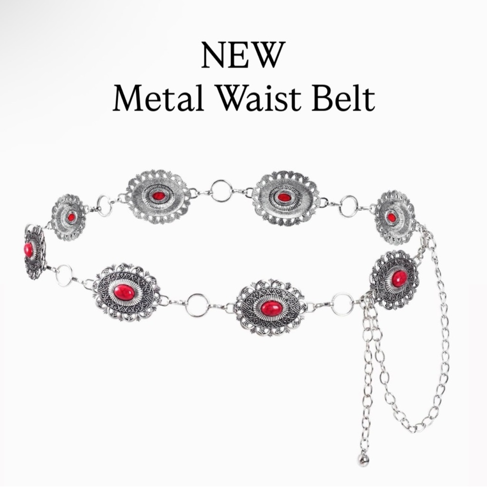 NEW Metal Waist Chain Belt - Faux Red Stones, Silver Tone, Southwestern Boho